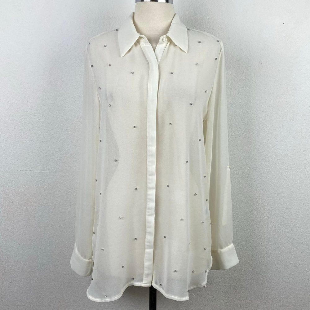 Elegant Bar III Sheer Long Blouse Rhinestone Sz L
